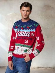 Grający sweter z motywem świątecznym - czerwony. Czerwone swetry męskie Sinsay, l, bez wzorów, wizytowe, bez kołnierzyka, bez ramiączek. Za 79.99 zł.