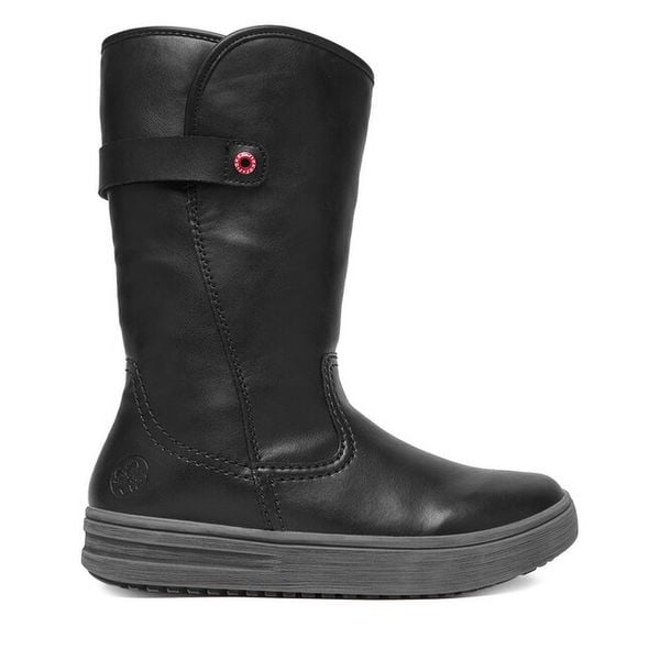Kozaki Rieker. Czarne kozaki damskie Rieker, bez wzorów, bez obcasa, na płaskiej podeszwie, bez zapięcia. Za 399.99 zł.