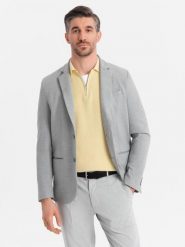 Marynarka męska elegancka z dekoracyjnymi guzikami na mankietach - szara V2 OM-BLZB-0114 - L. Szare garnitury męskie Ombre Clothing, l, bez wzorów, z poliesteru, eleganckie. W wyprzedaży za 149.99 zł.