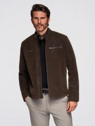 Męska kurtka biker w stylu retro ze stójką – brązowa V1 - Rozmiar: M. Brązowe kurtki męskie Ombre Clothing, m, bez wzorów, z materiału, retro, bez kaptura. W wyprzedaży za 189.99 zł.