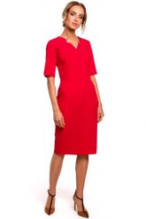 Sukienka elegancka ołówkowa dopasowana z podwyższoną talią czerwona. Czerwone sukienki damskie Sukienki.shop, do pracy, m, bez wzorów, biznesowe, bez kołnierzyka, bez ramiączek, dopasowane. Za 209.00 zł.