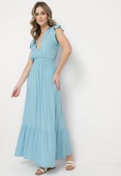 Jasnoniebieska Bawełniana Sukienka Maxi z Kopertową Górą Rozkloszowana Xaliara. Niebieskie sukienki damskie Born2be, na lato, l, bez wzorów, z bawełny, bez kołnierzyka, bez ramiączek, maxi, kopertowe. Za 54.99 zł.