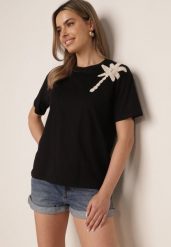 Czarny Bawełniany T-shirt z Ozdobną Aplikacją z Perełek i Cyrkonii Haidea. Czarne t-shirty damskie Born2be, l, z aplikacjami, z bawełny, eleganckie, bez kołnierzyka, bez ramiączek. Za 49.99 zł.