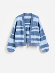 Kardigan z metalizowaną nicią - jasnoniebieski. Niebieskie kardigany damskie Reserved, l, bez wzorów, z dzianiny, bez kołnierzyka. Za 139.99 zł.