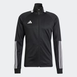 Bluza treningowa do piłki nożnej ADIDAS Sereno. Czarne bluzy damskie Adidas, m, bez wzorów, z dresówki, sportowe, bez ramiączek, bez kaptura. W wyprzedaży za 169.99 zł.