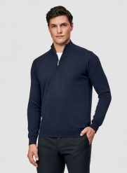 PAKO LORENTE – Granatowy sweter męski ze stójką. Niebieskie swetry męskie Pako Lorente, m, bez wzorów, z bawełny, bez kołnierzyka, bez ramiączek. Za 249.99 zł.