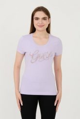 GUESS Lawendowy damski t-shirt Script, Rozmiar S. Fioletowe t-shirty damskie Guess, s, z aplikacjami, bez kołnierzyka, bez ramiączek. W wyprzedaży za 109.99 zł.