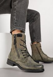 Zielone Botki w Stylu Vintage ze Sznurowaniem Vemlora. Zielone botki damskie Renee, bez wzorów, z jeansu, rockowe, bez obcasa, na płaskiej podeszwie, bez zapięcia. Za 109.99 zł.