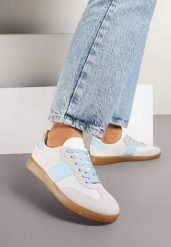 Biało-Niebieskie Sneakersy Tenisówki w Kultowym Stylu Neolithaen. Białe trampki i tenisówki damskie Renee, bez wzorów, z jeansu, bez zapięcia. Za 74.99 zł.