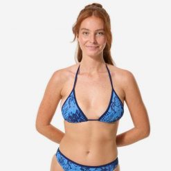 Góra kostiumu kąpielowego surfingowego damska Decathlon Mae Borneo. Niebieskie bikini OLAIAN, bez wzorów. Za 29.99 zł.