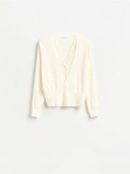 Kardigan z koronką - kremowy. Białe kardigany damskie Reserved, l, bez wzorów, z dzianiny, bez kołnierzyka. Za 149.99 zł.