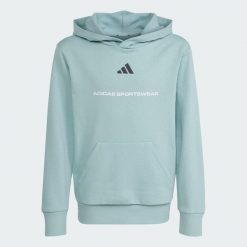 Bluza z kapturem adidas Slogan Fleece Hoodie. Niebieskie bluzy damskie Adidas, s, bez wzorów, z bawełny, sportowe, bez ramiączek, z kapturem. Za 179.00 zł.
