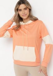 Pomarańczowa Bluza Oversize z Kapturem i Kontrastowymi Wstawkami Jevina. Brązowe bluzy damskie Born2be, l, z aplikacjami, z jeansu, casualowe, bez ramiączek, z kapturem. Za 44.99 zł.