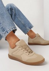 Ciemnobeżowe Sneakersy przed Kostkę z Ozdobnymi Przeszyciami Erdafa. Brązowe obuwie sportowe damskie Born2be, bez wzorów, bez zapięcia. Za 64.99 zł.