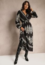 Czarna Wzorzysta Sukienka z Wiskozą o Kopertowym Kroju z Paskiem i Gumką w Talii Sagilaine. Czarne sukienki damskie Renee, na co dzień, l, bez wzorów, z wiskozy, eleganckie, bez kołnierzyka, bez ramiączek, maxi, kopertowe. Za 89.99 zł.
