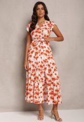 Pomarańczowa Rozkloszowana Sukienka Maxi w Kwiatowy Print z Gumką w Pasie Javiky. Brązowe sukienki damskie Renee, na imprezę, l, bez wzorów, z materiału, bez kołnierzyka, bez ramiączek, maxi, kopertowe. Za 74.99 zł.