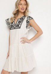 Beżowa Sukienka z Haftami w Stylu Boho z Bawełny Evitel. Brązowe sukienki damskie Born2be, na lato, l, z aplikacjami, z bawełny, boho, bez kołnierzyka, bez ramiączek, midi. Za 109.99 zł.