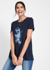T-shirt bawełniany z nadrukiem z motywem konika morskiego. Niebieskie t-shirty damskie bonprix, bez wzorów, z bawełny, bez kołnierzyka, bez ramiączek. Za 62.99 zł.