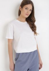 Biały T-shirt Keatris. Białe t-shirty damskie Born2be, l, bez wzorów, z bawełny, bez kołnierzyka, bez ramiączek. Za 29.99 zł.