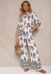 Biało-Granatowy Komplet z Wiskozy Zdobiony Printem Paisley Koszula i Spodnie Zolleva. Niebieskie koszule damskie Renee, l, z aplikacjami, z wiskozy, eleganckie, bez kołnierzyka, bez ramiączek. Za 74.99 zł.