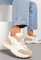 Beżowe Sneakersy z Ekoskóry ze Sznurowaniem i Ozdobnymi Naszywkami Ocellia. Brązowe obuwie sportowe damskie Renee, z aplikacjami, z jeansu, bez zapięcia. Za 89.99 zł.