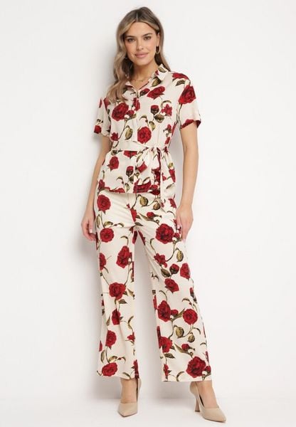 Beżowo-Bordowe Spodnie Szerokie w Kwiaty z Kieszeniami Cucumia. Brązowe spodnie materiałowe damskie Born2be, na lato, bez wzorów, z jeansu, eleganckie, z podwyższonym stanem. Za 109.99 zł.