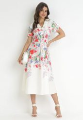 Beżowa Koszulowa Sukienka w Kwiaty z Paskiem Islaine. Brązowe sukienki damskie Born2be, l, bez wzorów, bez kołnierzyka, bez ramiączek, midi, koszulowe. Za 139.99 zł.