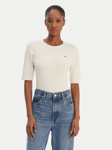 Tommy Hilfiger T-Shirt WW0WW47308 Écru Slim Fit. T-shirty damskie Tommy Hilfiger, s, bez wzorów, z wiskozy, bez kołnierzyka, bez ramiączek. Za 249.99 zł.