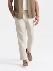Podwijane męskie spodnie chino z dodatkiem lnu – kremowe V2 OM-PACP-0198 - XL. Białe eleganckie spodnie męskie Ombre Clothing, bez wzorów, z bawełny. Za 209.99 zł.