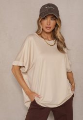 Beżowy T-shirt z Wiskozą o Fasonie Nietoperza Tanalitha. Brązowe t-shirty damskie Renee, bez wzorów, z jeansu, bez kołnierzyka, bez ramiączek. Za 49.99 zł.