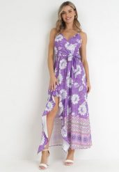 Fioletowa Sukienka Maxi na Cienkich Ramiączkach i Materiałowym Paskiem Adakila. Fioletowe sukienki damskie Born2be, m, bez wzorów, z materiału, eleganckie, bez kołnierzyka, bez ramiączek, maxi. Za 64.99 zł.