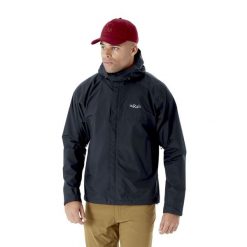 Kurtka przeciwdeszczowa męska Rab Downpour Eco Jacket z kapturem. Szare kurtki męskie RAB, m, bez wzorów, sportowe, z kapturem. Za 369.99 zł.