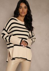 Kremowo-Czarny Sweter Oversize w Paski Kalitusa. Czarne swetry nierozpinane damskie Renee, bez wzorów, z jeansu, casualowe, bez kołnierzyka, bez ramiączek. Za 64.99 zł.