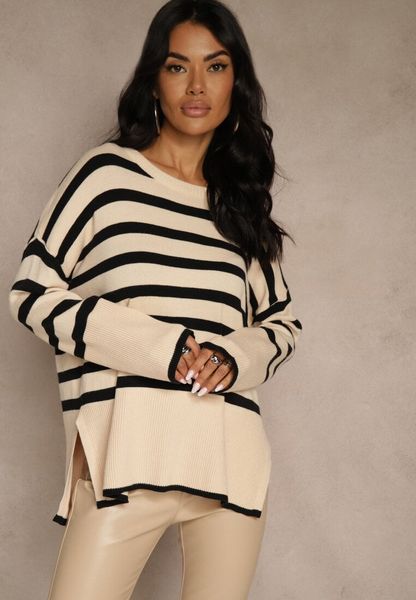 Kremowo-Czarny Sweter Oversize w Paski Kalitusa. Czarne swetry nierozpinane damskie Renee, bez wzorów, z jeansu, casualowe, bez kołnierzyka, bez ramiączek. Za 64.99 zł.