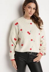Jasnobeżowy Sweter z Domieszką Wełny z Motywem Wisienek Sintovia. Brązowe swetry nierozpinane damskie Born2be, l, bez wzorów, z wełny, bez kołnierzyka, bez ramiączek. Za 149.99 zł.