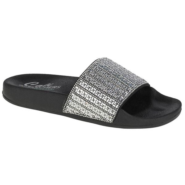 Klapki na basen damskie, Pop Ups-New Spark. Szare klapki damskie Skechers, bez wzorów, z materiału, bez obcasa, bez zapięcia. Za 189.99 zł.