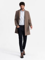 Elegancki jednorzędowy męski płaszcz z wełną – brązowy V1 OM-COWC-0114 - XXL. Brązowe płaszcze męskie Ombre Clothing, na zimę, l, bez wzorów, z poliesteru, eleganckie, bez kołnierzyka, bez kaptura. Za 371.99 zł.