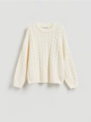 Sweter z warkoczowym splotem - złamana biel. Swetry nierozpinane damskie Reserved, l, bez wzorów, z dzianiny, bez kołnierzyka, bez ramiączek. Za 139.99 zł.