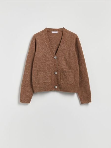Kardigan z dekoracyjnymi guzikami - brązowy. Brązowe kardigany damskie Reserved, l, bez wzorów, z dzianiny, bez kołnierzyka. W wyprzedaży za 109.99 zł.
