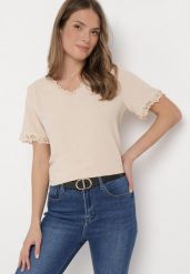 Beżowa Bluzka z Siateczkowymi Wstawkami o Luźnym Fasonie Sylvina. Brązowe bluzki damskie Born2be, l, bez wzorów, bez kołnierzyka, bez ramiączek. Za 49.99 zł.