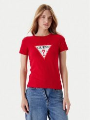 Guess Jeans T-Shirt W4YI04 J1314 Czerwony Slim Fit. Czerwone t-shirty damskie Guess Jeans, m, z aplikacjami, z bawełny, bez kołnierzyka, bez ramiączek. Za 109.99 zł.