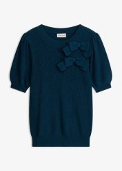 Sweter z aplikacją w kształcie kokardy. Czerwone swetry nierozpinane damskie bonprix, z aplikacjami, bez kołnierzyka, bez ramiączek. Za 109.99 zł.