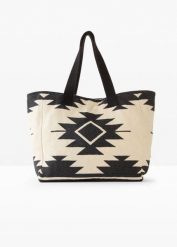 Płócienna torba shopper z nadrukiem graficznym. Brązowe shopperki damskie bonprix, bez wzorów, z nadrukiem, bez dodatków. Za 77.99 zł.