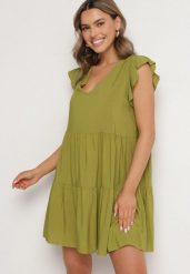 Zielona Rozkloszowana Sukienka z Bawełny Ozdobiona Falbankami Natiriane. Zielone sukienki damskie Born2be, na co dzień, na lato, l, bez wzorów, z bawełny, eleganckie, bez kołnierzyka, bez ramiączek, mini, rozkloszowane. Za 39.99 zł.