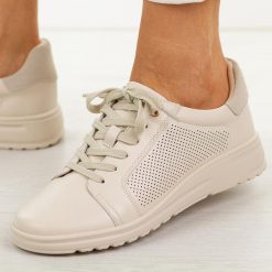 Beżowe skórzane półbuty damskie Potocki 19404. Brązowe półbuty damskie POTOCKI, na jesień, w ażurowe wzory, z jeansu, casualowe, bez obcasa, na płaskiej podeszwie, bez zapięcia. Za 239.00 zł.