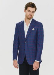 PAKO LORENTE – Granatowa marynarka w czerwoną kratę. Czerwone garnitury męskie Pako Lorente, m, bez wzorów, z jedwabiu, casualowe. Za 479.99 zł.
