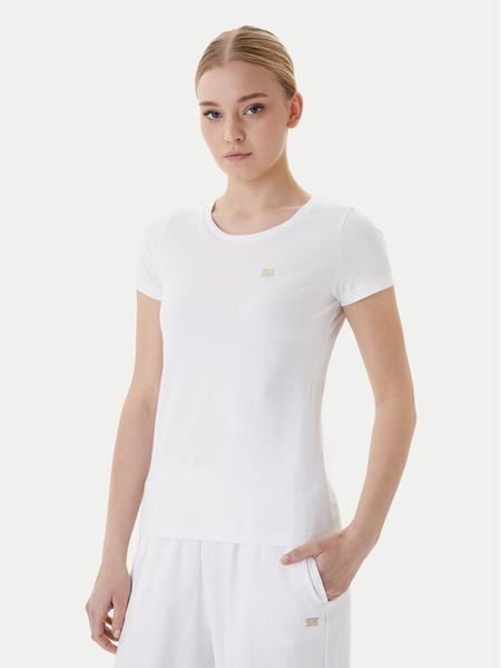 EA7 Emporio Armani T-Shirt 7W001045 AF10373 U0002 Biały Slim Fit. Białe t-shirty damskie EA7 Emporio Armani, l, bez wzorów, z bawełny, bez kołnierzyka, bez ramiączek. Za 269.99 zł.