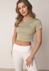 Jasnozielony Krótki T-shirt w Stylu Basic z Minimalistycznym Nadrukiem Orithana. Zielone koszulki sportowe damskie Born2be, l, bez wzorów, z jeansu, bez ramiączek. Za 29.99 zł.