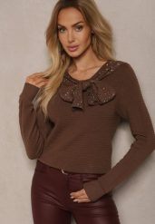 Ciemnobrązowy Sweter z Prążkowanej Dzianiny z Wiskozą Ozdobiony Cyrkoniami i Wiązaniem Tintorinae. Brązowe swetry nierozpinane damskie Renee, s, bez wzorów, z dzianiny, casualowe, bez kołnierzyka, bez ramiączek. Za 79.99 zł.