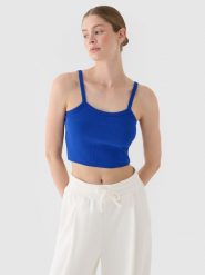 4F Crop top slim damski - niebieski L. Niebieskie topy damskie 4F, l, bez wzorów, z bawełny, sportowe, bez kołnierzyka, bez ramiączek. W wyprzedaży za 29.99 zł.